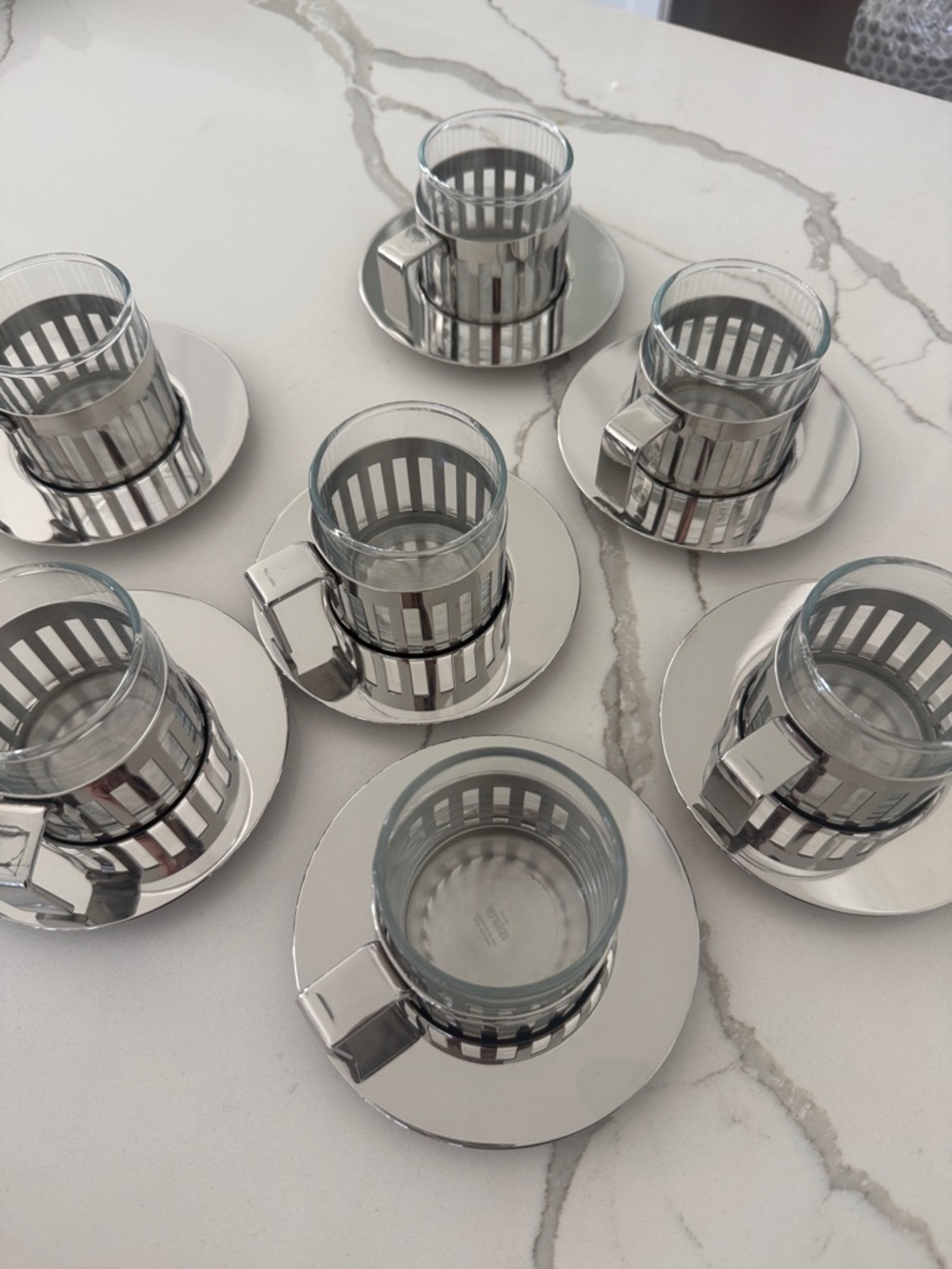 Alessi Silver Glass Espresso Cups with Saucers - Set of 8
